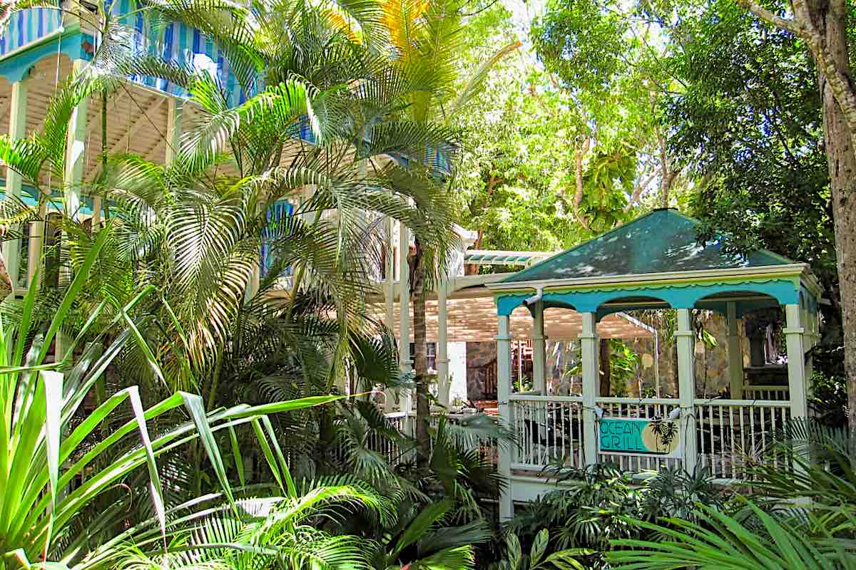 Quiet sitting area at St. John USVI Ocean Grill and mall.