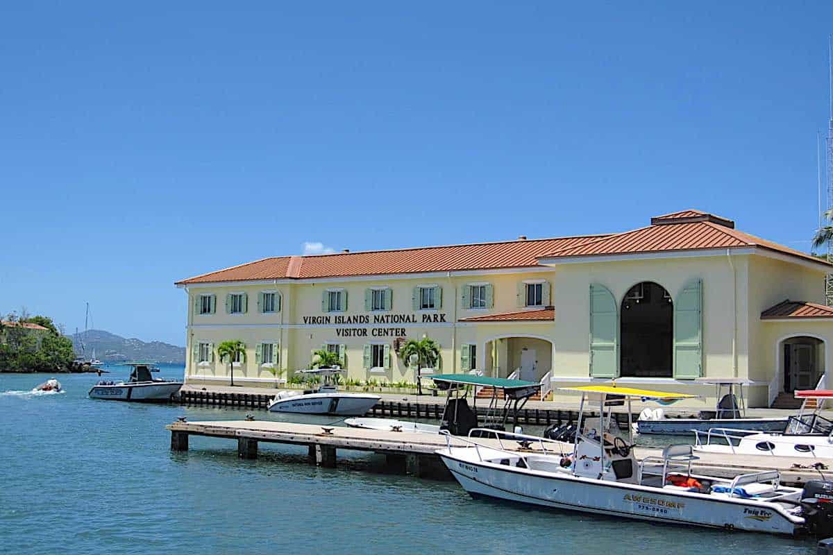 Bright yellow Virgin Islands National Park Visitor Center on St John, USVI. 