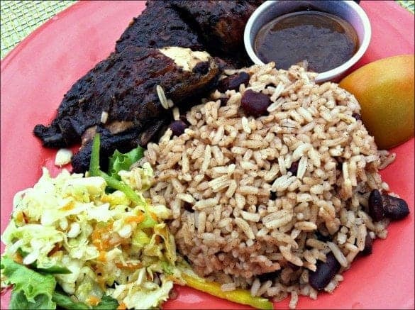 Jamaica jerk chicken with rice and peas. Photo credit: Sherry Laskin