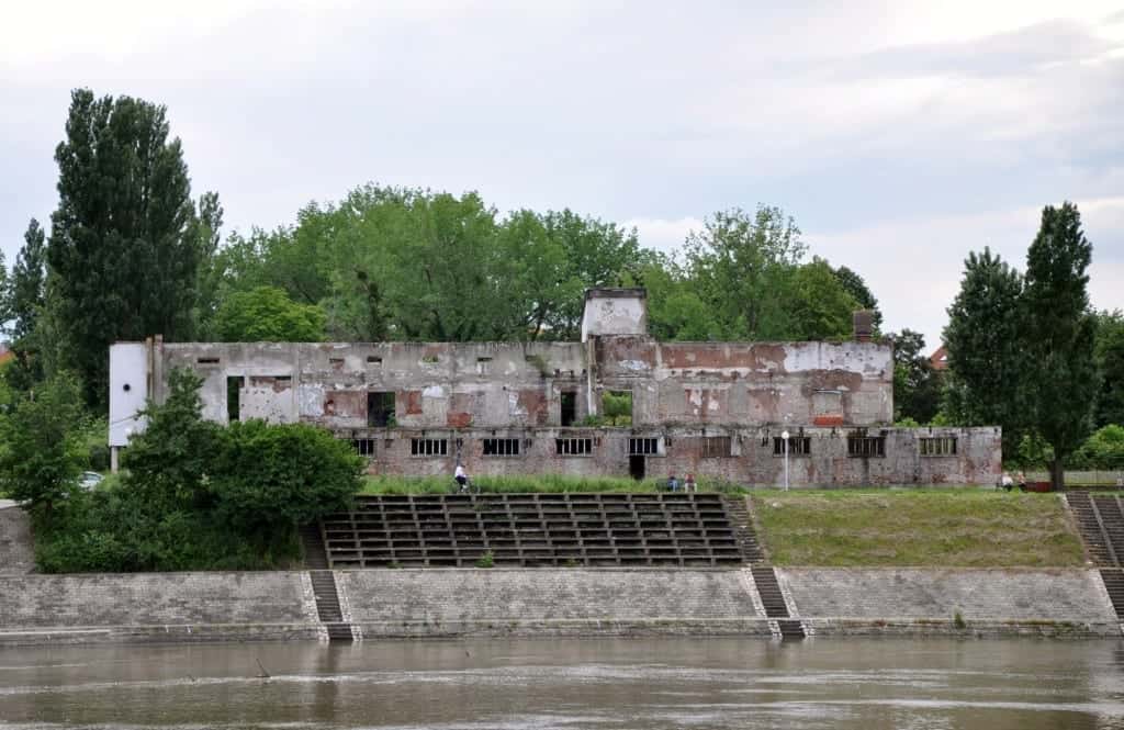 Bombed building ruins in Serbia on the Danube River. 