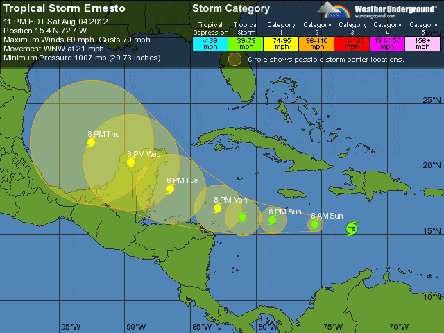 Tropical Storm Ernesto five day forecast