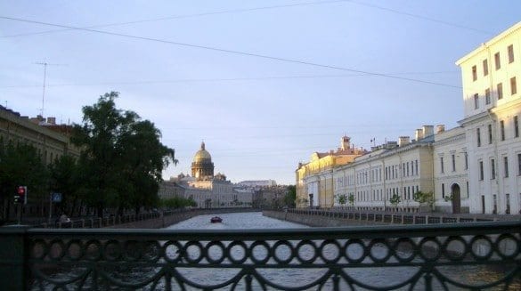 On a bridge over the Neva River in St. Petersburg, Russia