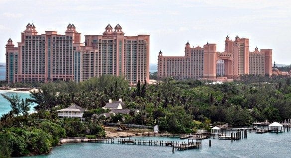The sprawling pink towers of Atlantis Resort complex on Paradise Island.