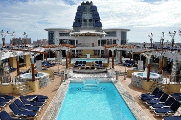 Celebrity Millennium in port at Nassau Bahamas. Only two passengers in the pool area.