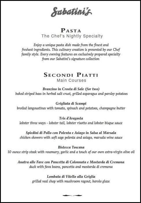 Princess Cruises Sabatini's Specialty Restaurant - New Menu