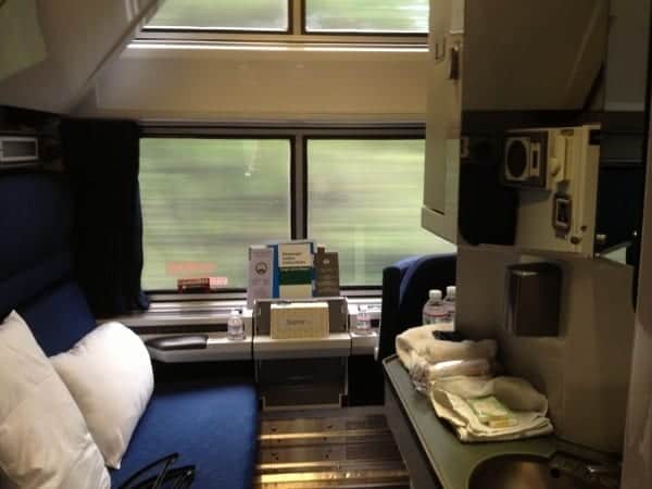 Amtrak deluxe bedroom sleeping compartment.