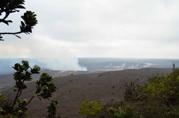 Hawai'i Volcanoes National Park at Jaggar Museum at the summit of Kīlauea with a view of Halema'uma'u Crater.