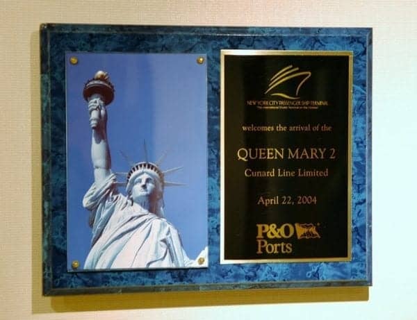 Plaque given to Captain Warwick of the Queen Mary 2 upon the maiden port call into New York City.