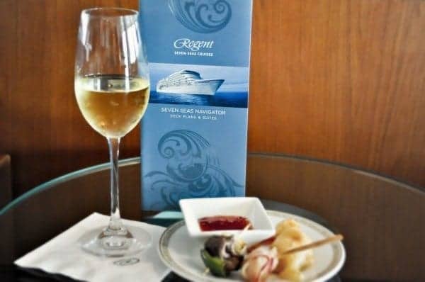 Regent Seven Seas Navigator wine and snacks on a recent ship tour. 