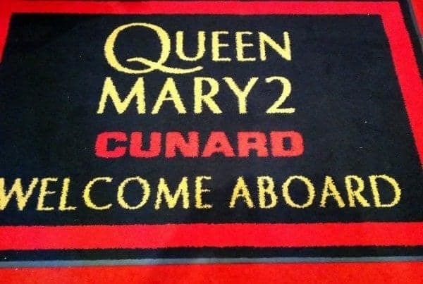 Welcome carpet at the gangway to board the Queen Mary 2