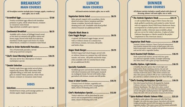 Amtrak Coast Starlight menu.