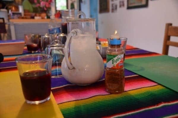 Agua de Jamaica and a cold pitcher of horchata. The hot spices were for later!