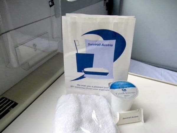 Our welcome aboard bag; water, washcloth and bar of soap.