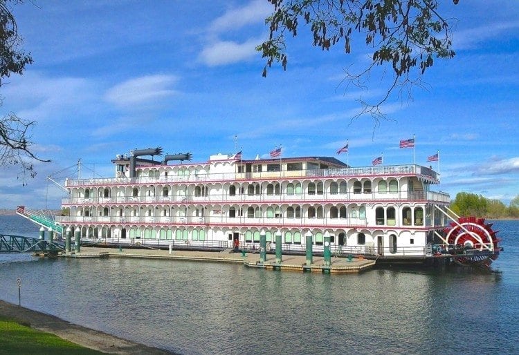 American Cruise Lines Queen of the West, on a Columbia River cruise, docked at Pendleton, Oregon.