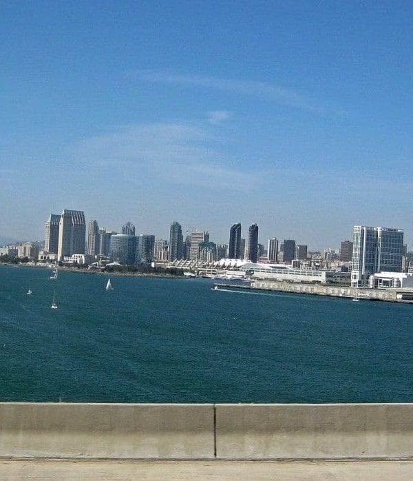 San Diego skyline view shot from the famous Coronado Bridge on an Old Town Trolley tour. Coronado Island is one of 11 trolley stops on the 25-mile route.