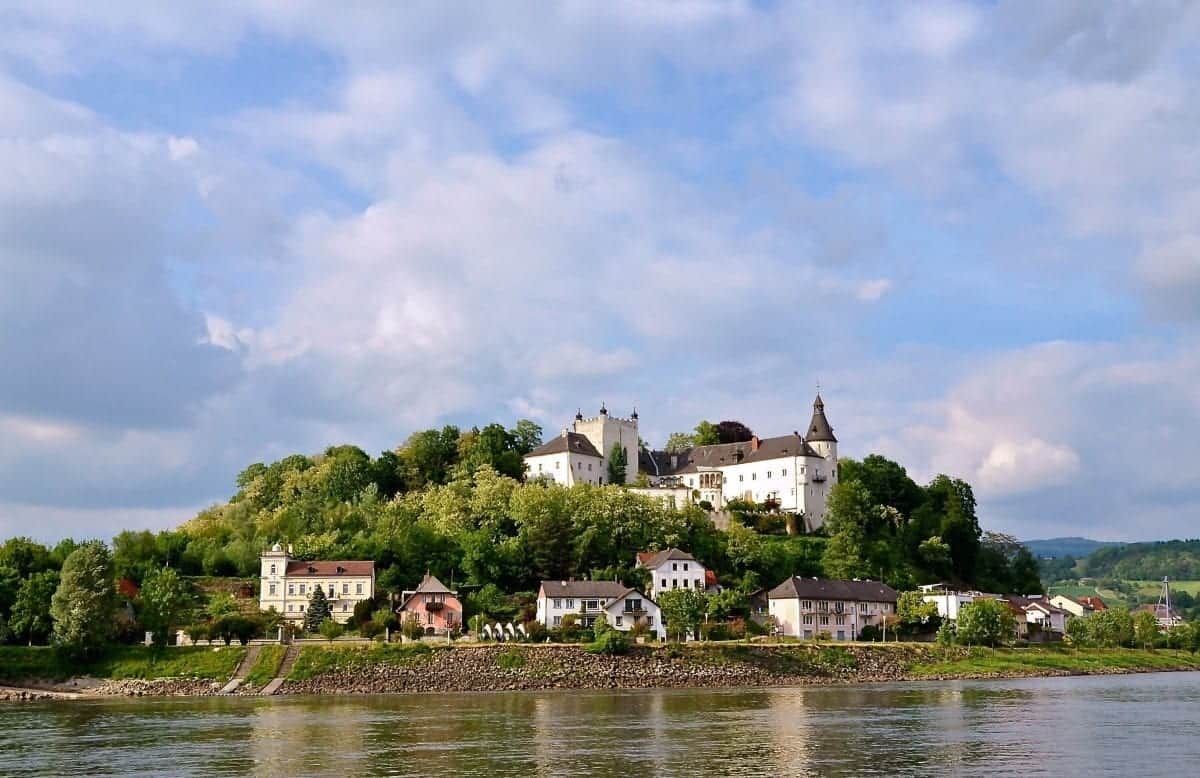 Castle on a hill and village below on a Rhine River cruise.