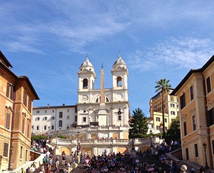 Standing at the bottom of the Spanish Steps and looking up at the church, Manieri's Bed and Breakfast is just to the right side of the church, on the piazza.