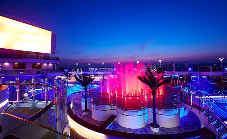 In the evening, head up to the pool deck for the new WaterColor Fantasy- In the evening, the top deck pools transform into a dazzling interactive sound and light show with dancing fountains. Kind of a Vegas mini-Bellagio. 