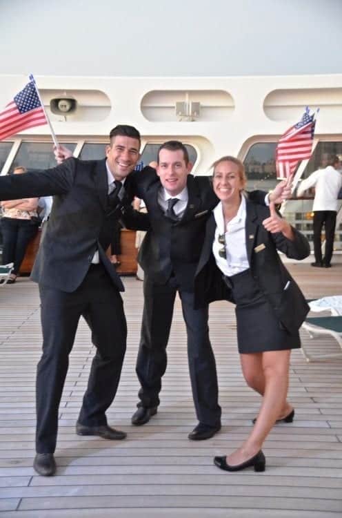 Sailaway from New York City to England is always a festive event. Even the staff has fun. 