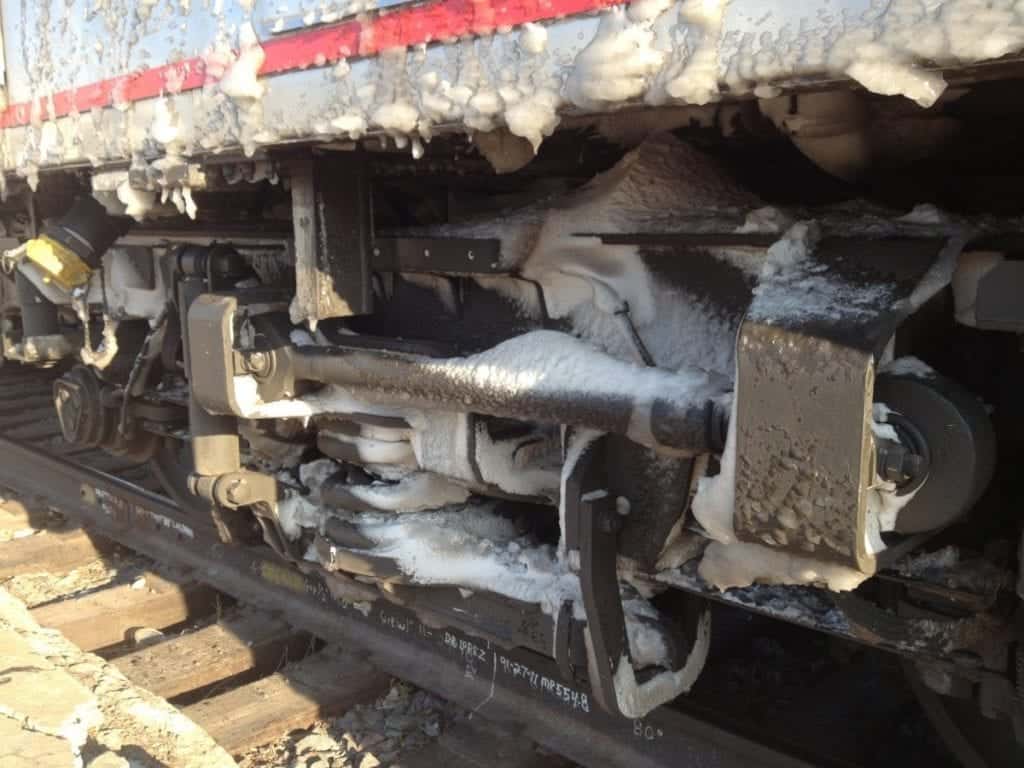 Amtrak Southwest Chief covered with ice in Kansas. 