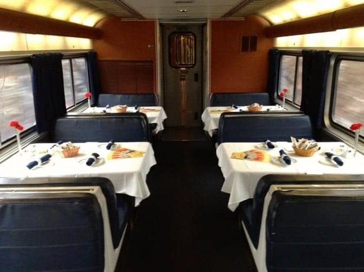 Amtrak dining car is ready for dinner.