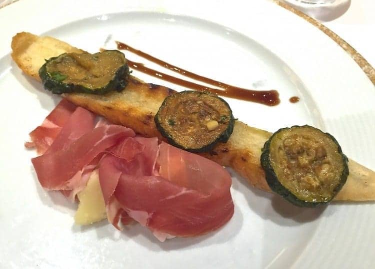 One of many excellent starters was this prosciutto-wrapped cheese with garlic toast and roast zucchini.