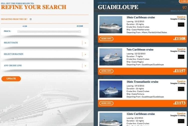 Pick from either side of the screen to narrow down the selection and choose your cruise.