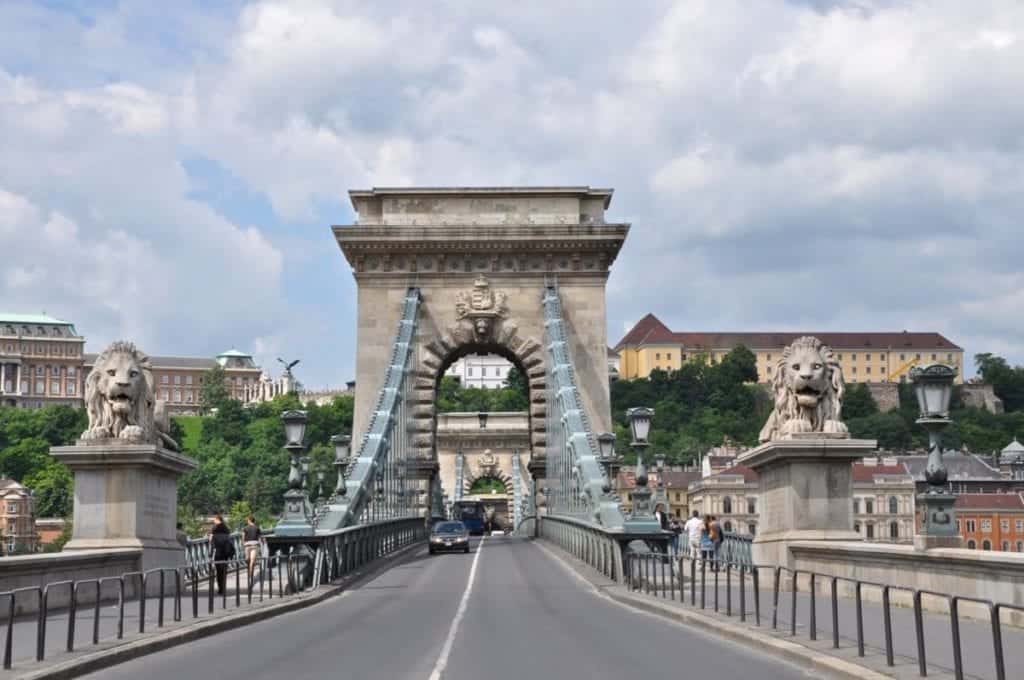 Standing on the Chain Bridge to walk across the Danube River. 