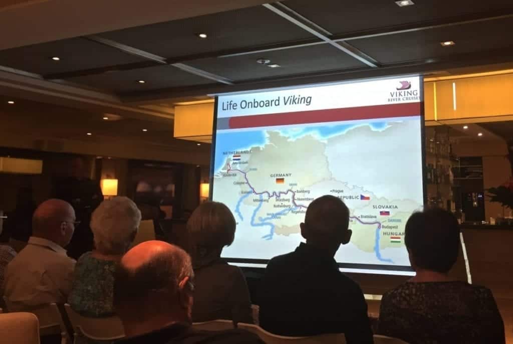 Viking River cruise Welcome aboard briefing in Budapest.