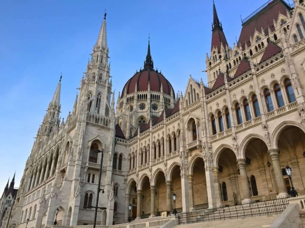 Exterior of Budapest Parliament building along the Danube 