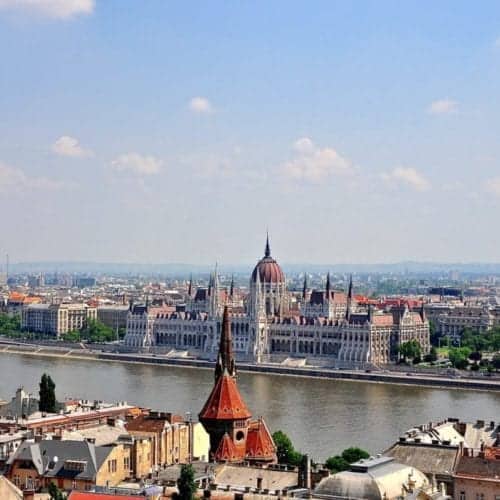 View of the sprawling Budapest Parliment Building from across the Danube on the Pest side.