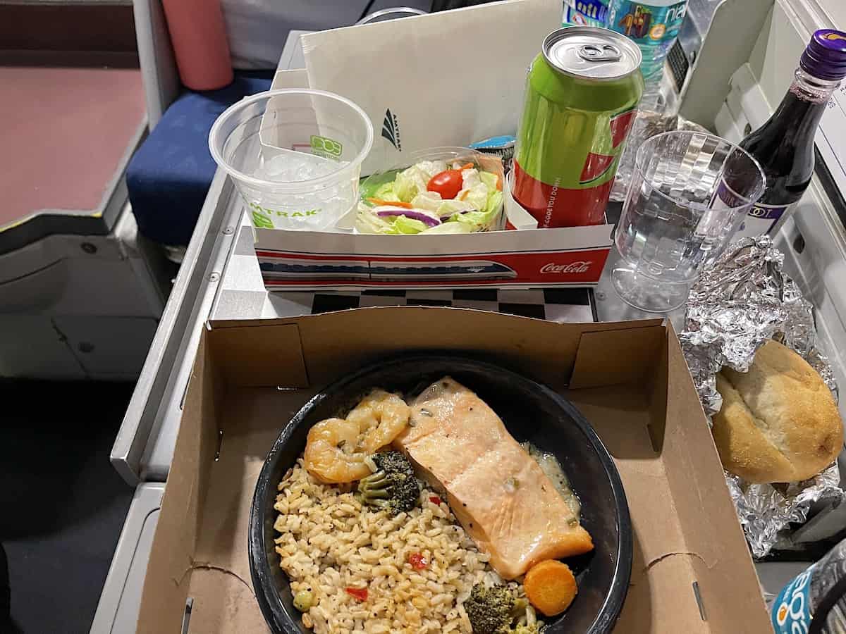 Dining on Amtrak Silver Star with their Flexible Dining: Salmon, Rice, Veggies