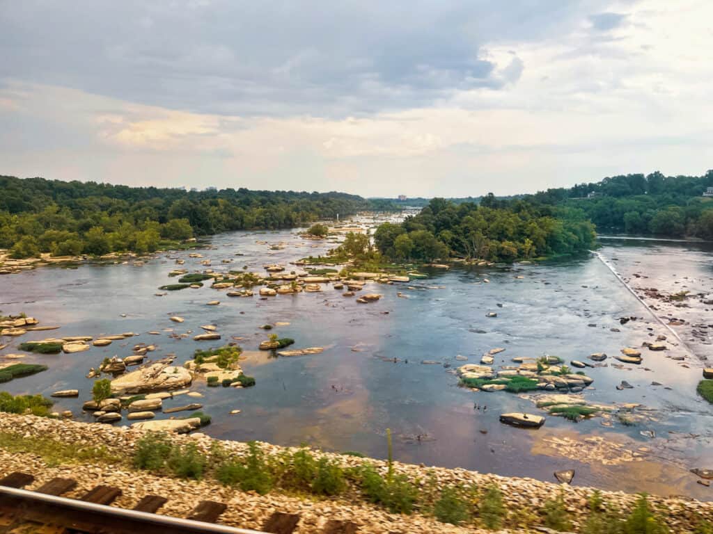 Amtrak train crossing the James River near Richmond Virginia