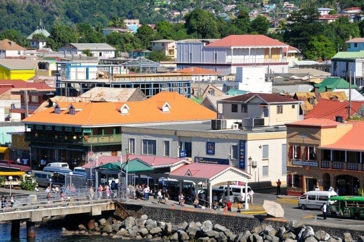 At Roseau, the shops and restaurants are right at the port.