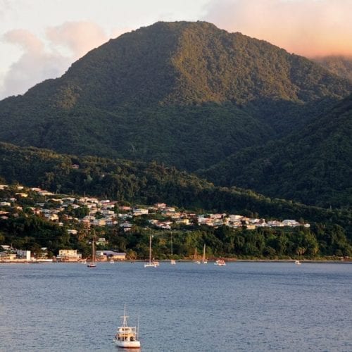 Port of Roseau at sunset on a cruise to Dominica.