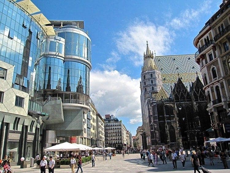 The central shopping and dining area. Pension Nossek is located on the street to the left on a day in Vienna.