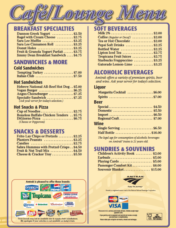 Amtrak cafe car menu information