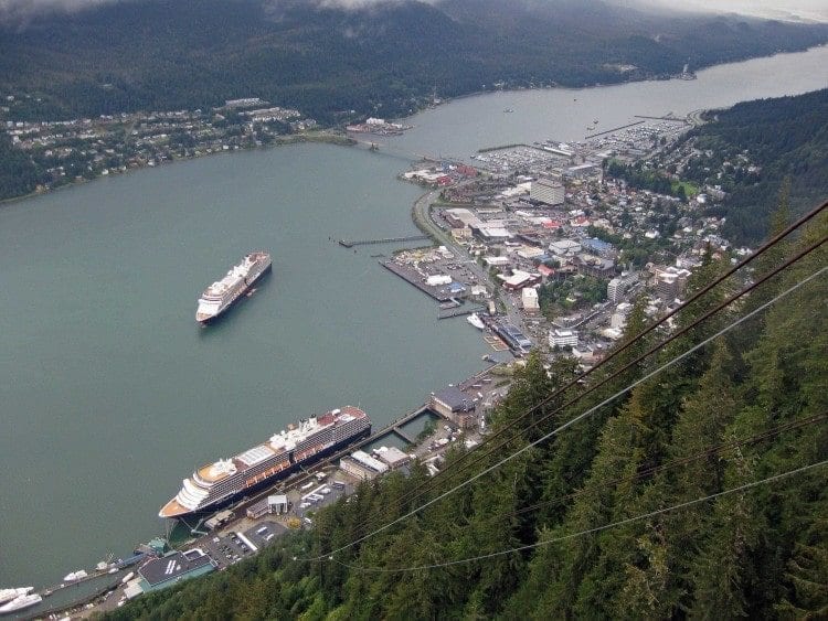 View from the top of Mount Roberts Tramway, 1,000-feet above the cruise ship dock area, Juneau.