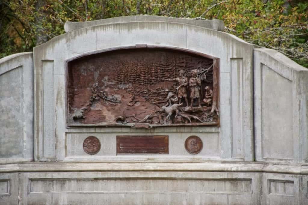 Monument to Lewis and Clark shows the two explorers, Sacagawea and her baby, Lewis' Newfoundland dog named, 