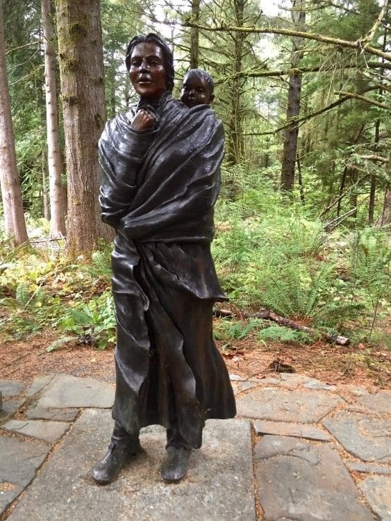 A statue of Sacagawea and her baby greet visitors to the park's main building and museum.