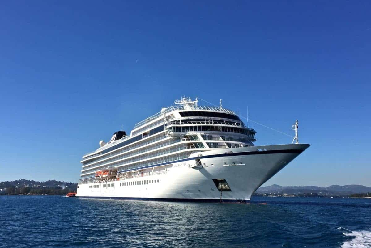 Viking Star cruise ship anchored in the Mediterranean.