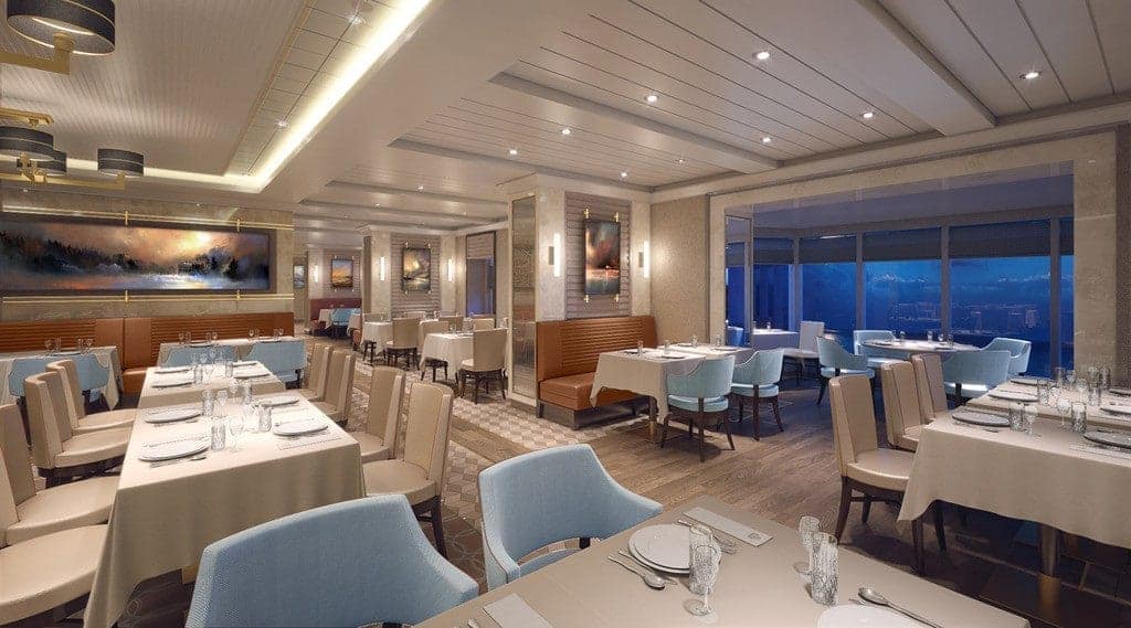 Tablecloth dining and new lighting transform the daytime Queen Mary 2 Kings Court into an evening dining ambiance.