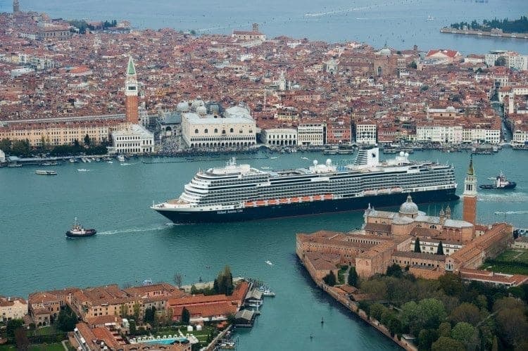 Holland America Koningsdam cruises past Piazza San Marco in Venice, Italy.