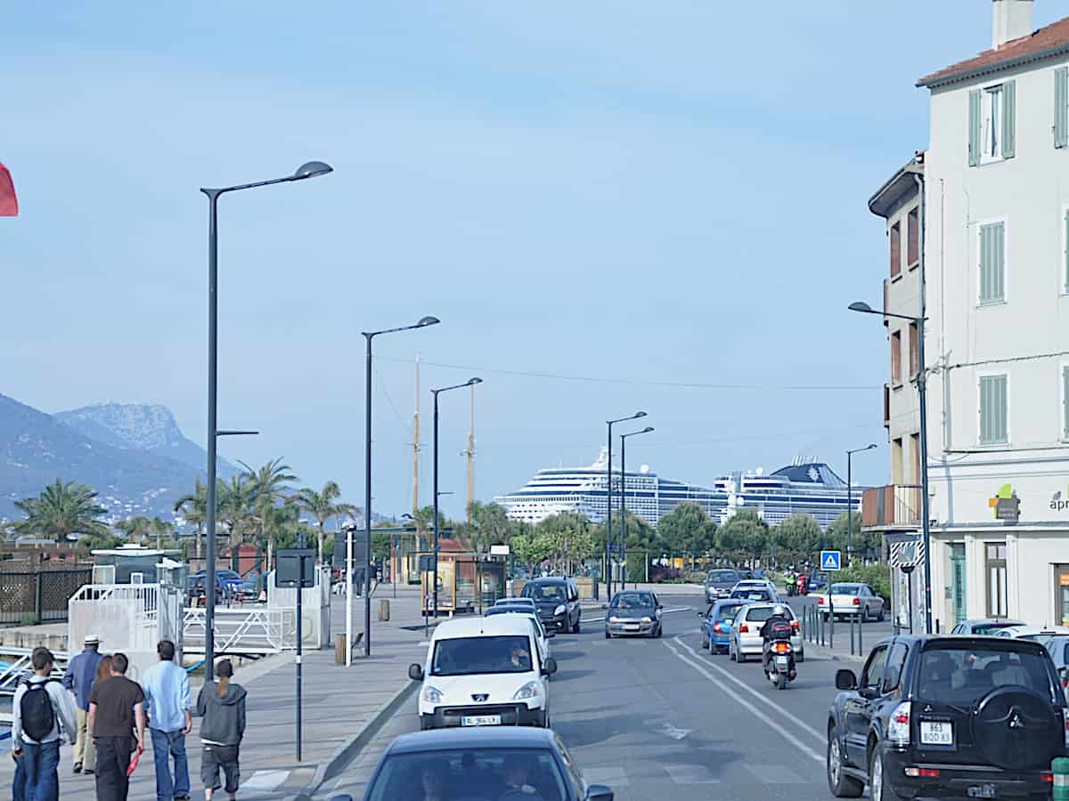 A street in Toulon, France with cruise ship.