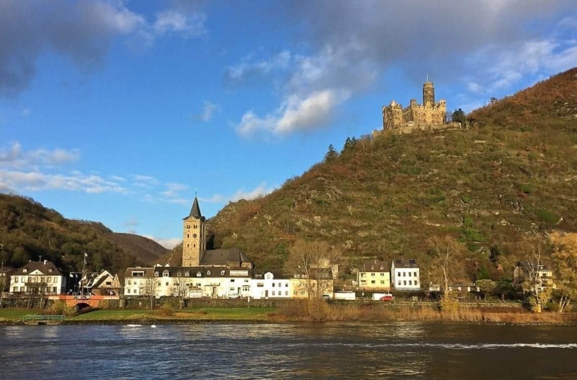 Castle on a hill on a Rhine river cruise