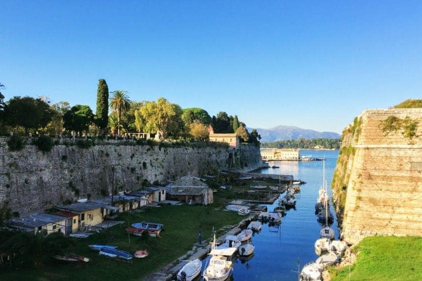 Walking across the drawbridge to the Old Fortress in Corfu