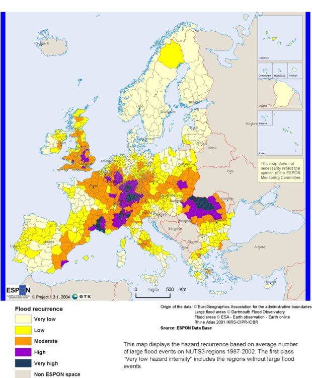 map of countries and flood zones in Europe