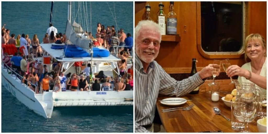 Split image of a Caribbean booze cruise on a catamaran and intimate dining on a small ship.