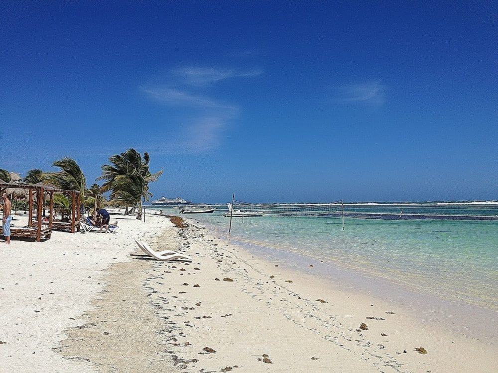 Stretch of beautiful sandy beach at Costa Maya in Mahajual Mexico.