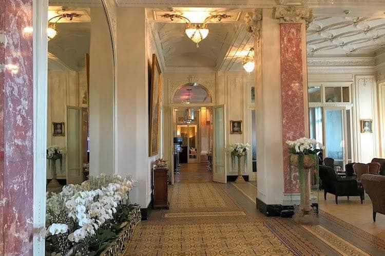 Beautifully ornate lobby of Hotel Schweizerhof, on Lake Lucerne.